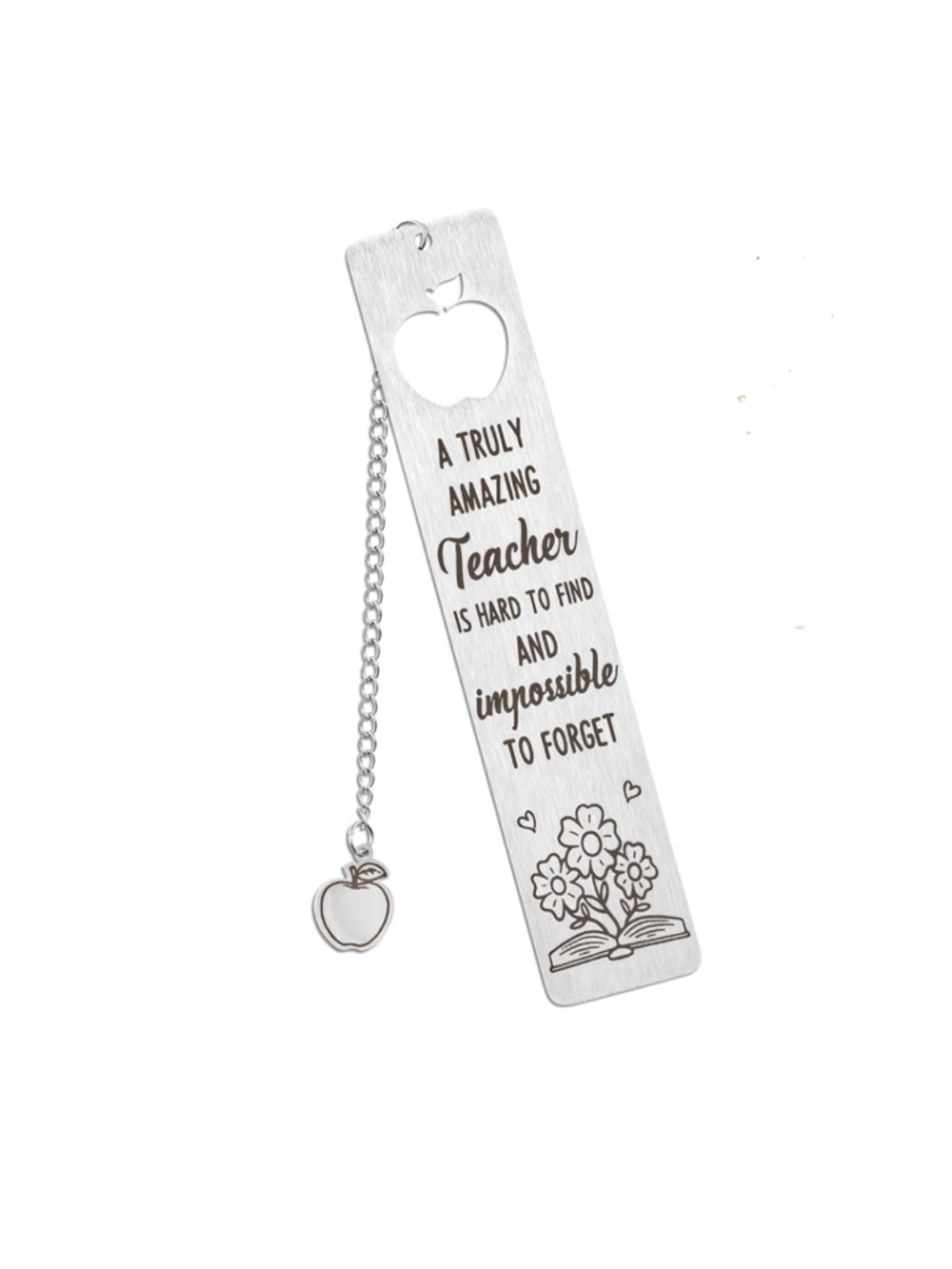 Silver Teacher Bookmark with Apple Charm